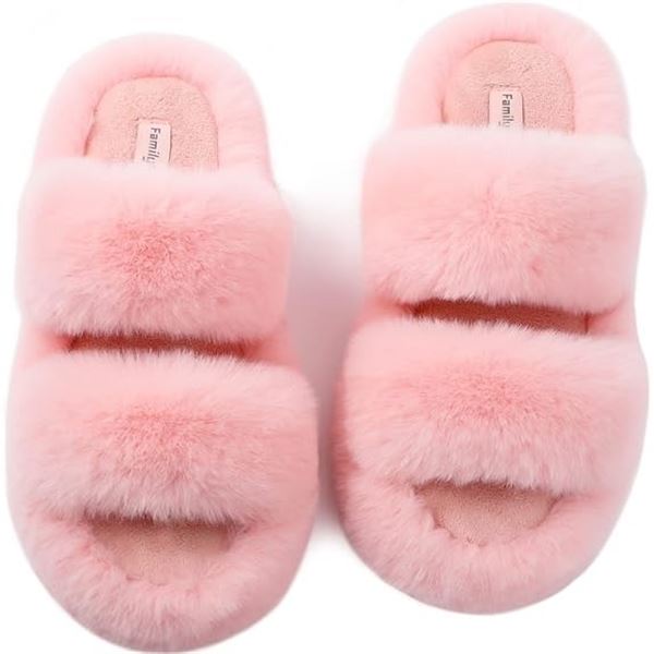 1 Pair of Pink Women's Fluffy Faux-Fur Two-Band Fuzzy Slippers - Size L (9-10) - New in Box