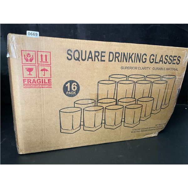 1 Box of Le'Raze 16-Pack Square Drinking Glasses - New (Dmg Box - See Photos)