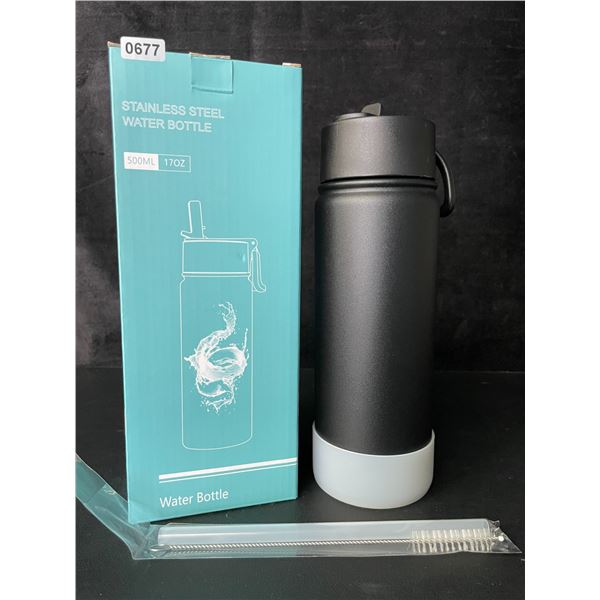 1 Insulated 500ml Stainless Steel Water Bottle Thermos with Straw - Black - Leakproof - New