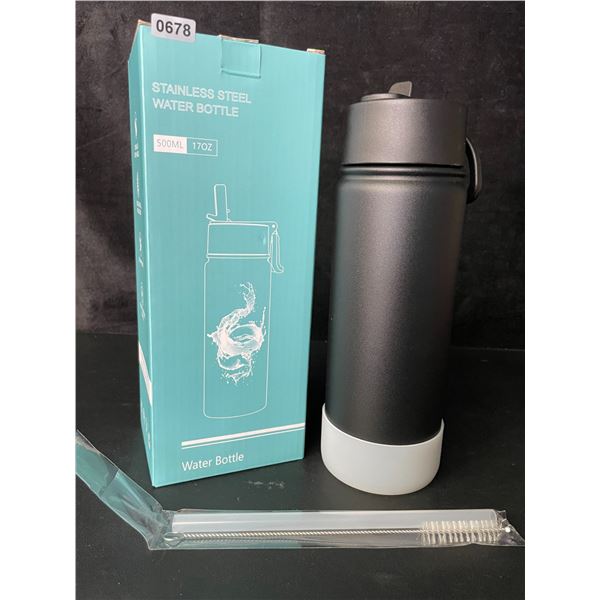1 Insulated 500ml Stainless Steel Water Bottle Thermos with Straw - Black - Leakproof - New