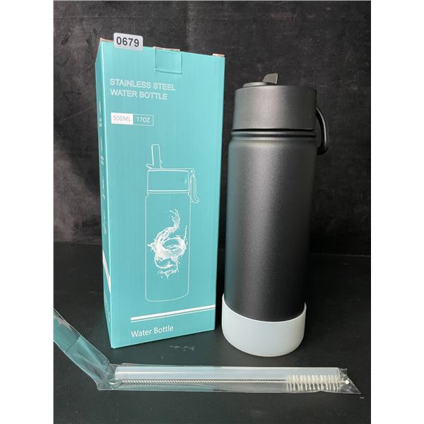 1 Insulated 500ml Stainless Steel Water Bottle Thermos with Straw - Black - Leakproof - New