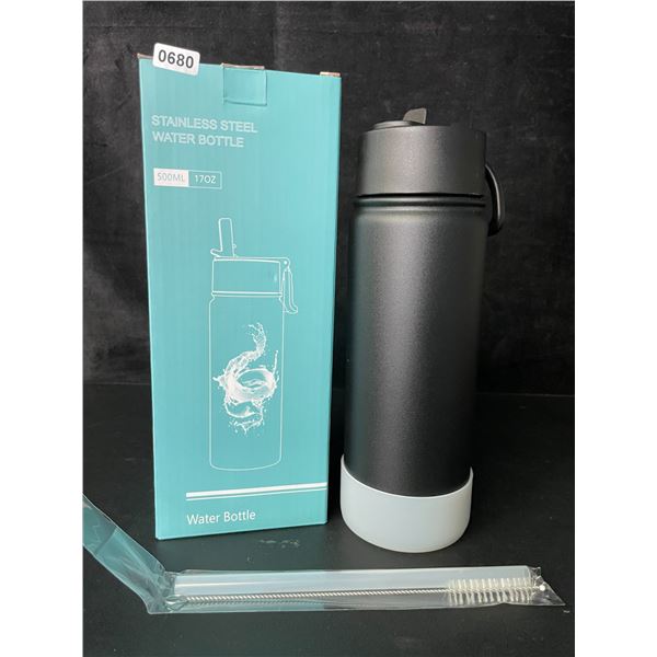 1 Insulated 500ml Stainless Steel Water Bottle Thermos with Straw - Black - Leakproof - New