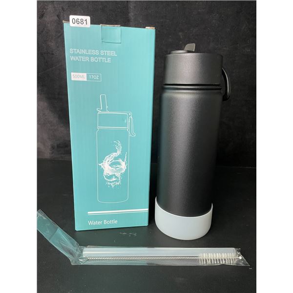 1 Insulated 500ml Stainless Steel Water Bottle Thermos with Straw - Black - Leakproof - New