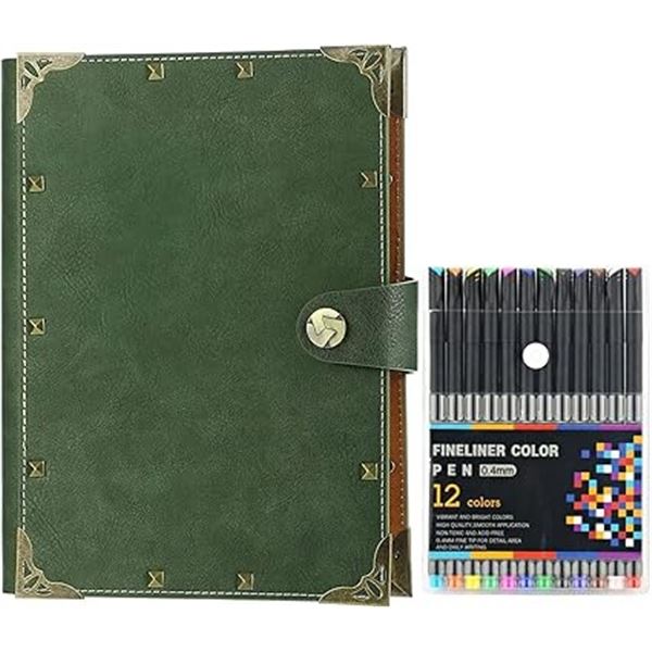 1 Leather A5 Journal Notebook with 12-Marker Pen Set - Army Green - Brand New