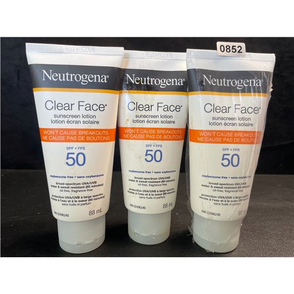 3 Neutrogena Clear Face SPF 50 Sunscreen Lotions - 88ml Each - New