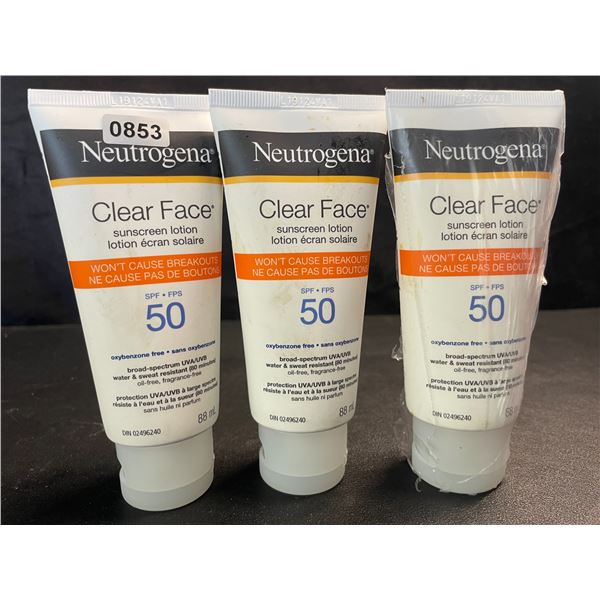 3 Neutrogena Clear Face SPF 50 Sunscreen Lotions - 88ml Each - New