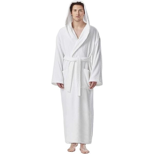 1 Arus Men's Hooded Classic Bath Robe/Turkish Cotton Robe - White - XL - Brand New