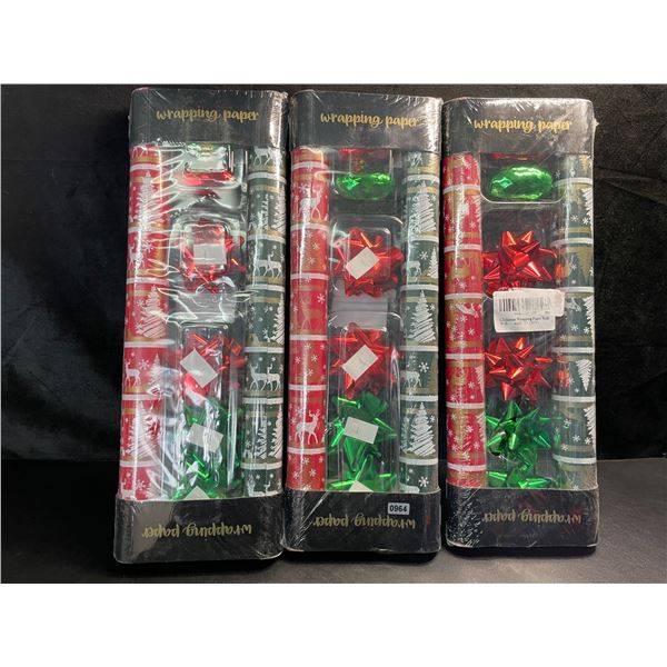 3 Sets of Holiday Gift Wrapping Paper w/ Bows - New