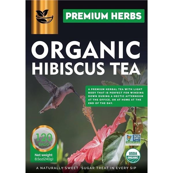 3 Bags of Premium Herbs Organic Hibiscus Herbal Tea - 120 Tea Bags Each - New (Exp: 02/2026)