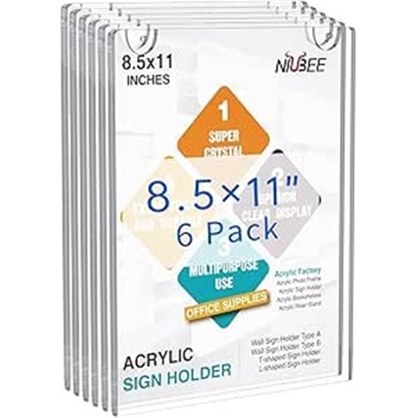 6-Pack of Niubee Acrylic Wall Sign Holders (8.5"x11") - New