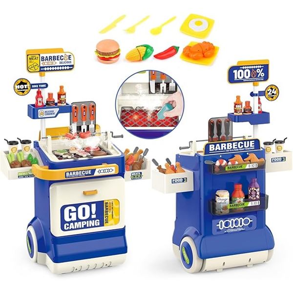 1 BBQ Grill Kids Kitchen Toy Play Set - 61PCS - Blue - Brand New!