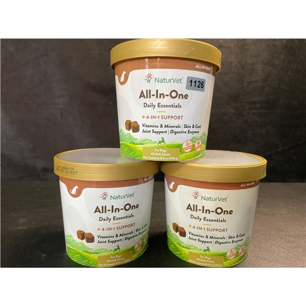 3 NaturVet All-In-One Daily Essentials Soft Chews for Dogs - 60 Each - New (BB: 10/2027)