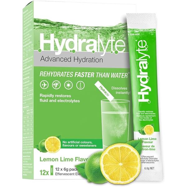 Hydralyte Electrolyte Powder Packets - Box of 12 x 6g Packets (Lemon Lime Flavour) - New
