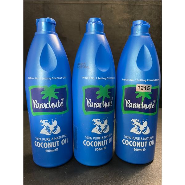 3 Bottles of Parachute 100% Pure & Natural Coconut Oil - 500ml Each - New