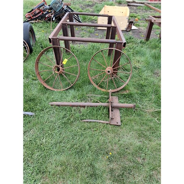 Farm Built Roller Table, Bolt on Bucket Mount Bale Spear & (2) 28" Antique Steel Wheels