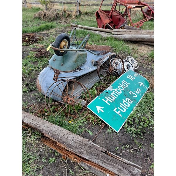 Galvanized Water Trough, (4) Antique Steel Wheels, Wheel Barrow, (4) Aluminum Buick LaSabre Wheels