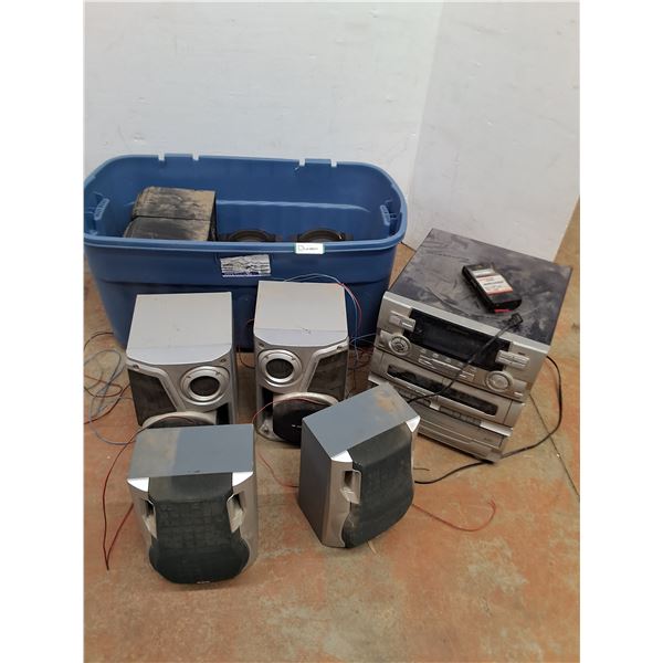 * Emerson Home Stereo System (Powers On) with 8 Assorted Untested Speakers & Plastic Tote