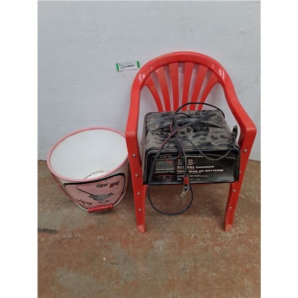* Child's Chair, Schumacher Battery Charger - Untested, Metal Garden Pail-Pickup Only