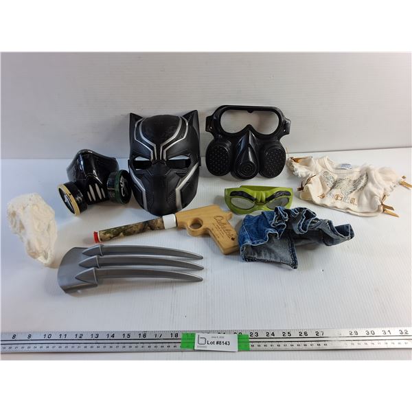 Various Masks, Doll Clothes, Cabelas Gun, Dinosaur Head Decor and Shredders Claw