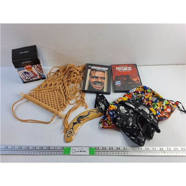 Permanent Markers, Boomerang, DVD Movies, Looney Toons Tie, Mario Hat and Hanging Decor