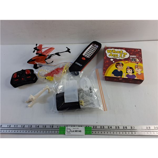 R/C Helicopter, Darcy Flashlight, What Am I? and Dice Games and Cat Ornament