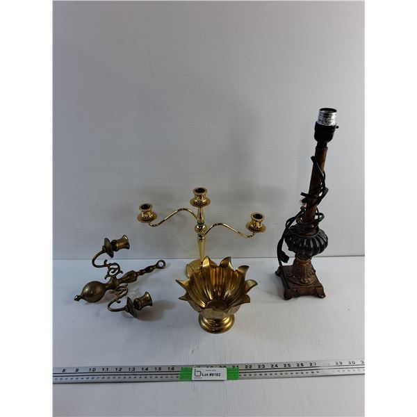 Brass Candle Holders, Brass Dish and Desk Lamp - As Is
