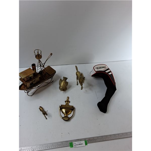 Assorted Items - Brass Door Knocker, Musical Ship , Golf Club Cover, Misc - As Is