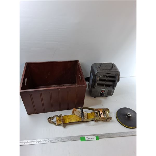 Assorted Items - Power Zone Fan, Wooden Box, Rachet Strap, Misc - As Is