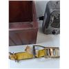 Image 5 : Assorted Items - Power Zone Fan, Wooden Box, Rachet Strap, Misc - As Is