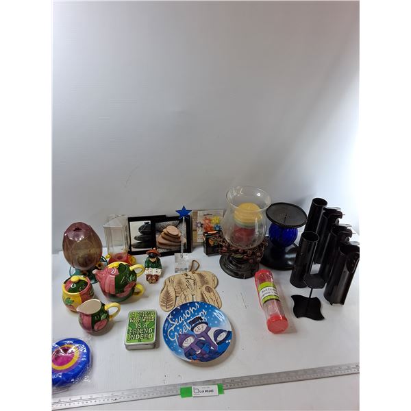 Assorted Items - Tea Cup Set, (2) Pictures, (2) Humming Bird Feeders, Misc