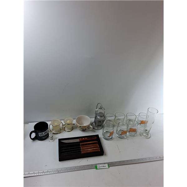 Assorted Items - (2) Mugs, (3) Candle Holders, Steak Knifes, Misc