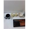 Image 2 : Assorted Items - (2) Mugs, (3) Candle Holders, Steak Knifes, Misc