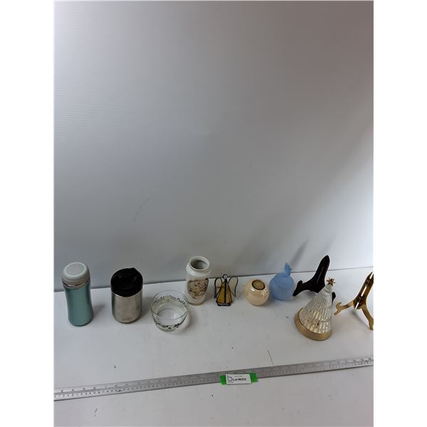 (2) Dish Stands, Decorative Christmas Tree, Thermos,Misc