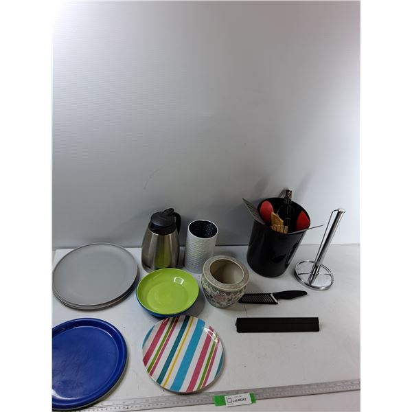 Assorted Items - (8) Plates, Kettle, Kitchen Utensils, Misc