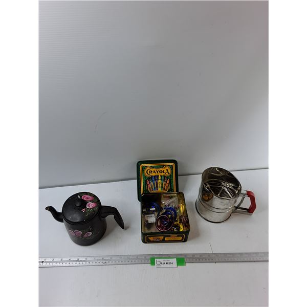 Kettle, Crayola Tin, Flour Sieve, Misc