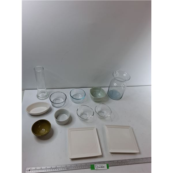 (4) Glass Bowls, (4) Glass Container, (2) Vases, (2) Plates