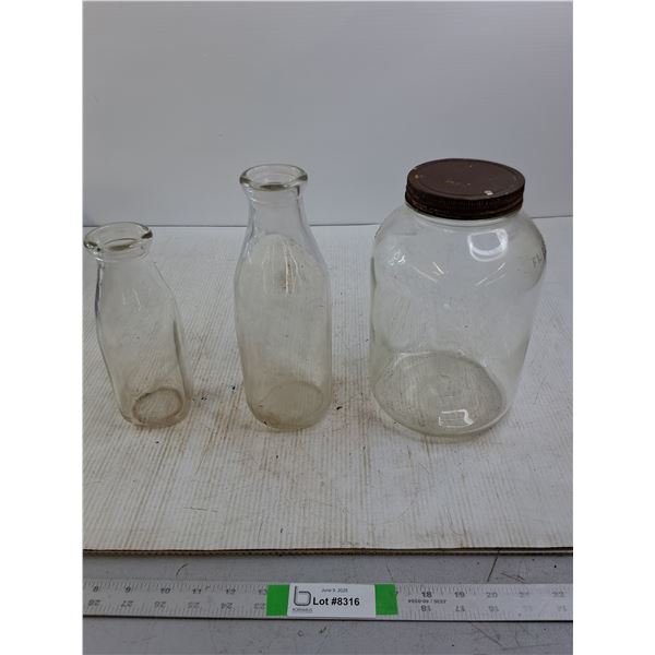 2 Milk Bottles, Large Jar (dated 1934)