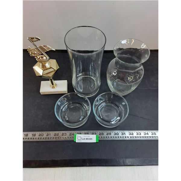 Marble Base Musical Trophy, 2 Glass Vases, 2 Microwave Safe Bowls