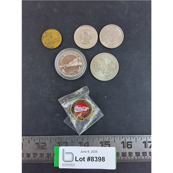 (5) Coin Tokens (Drumheller, Lake Minnewanka, Canadian Tire, Sask Grey Cup), Coca-Cola NHL Pin