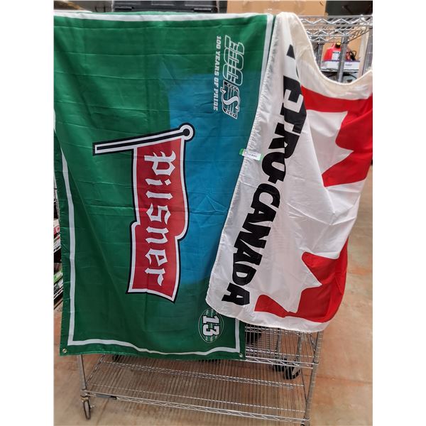 (2) Flags (Petro-Canada 4' x 2.5', Pilsner Saskatchewan Roughriders 5' x 3' - As is)