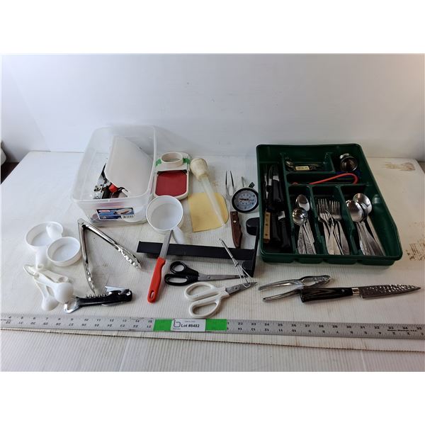 Kitchen Lot- Cutlery, Turkey Baster, Thermometer, Misc.