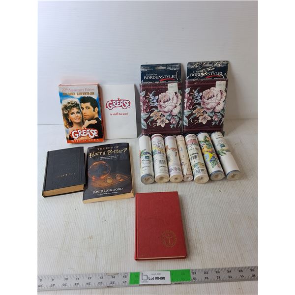 (9) Rolls of Wallpaper, (4) Books- Jean Val Jean, The End of Harry Potter?, Misc., Grease VHS