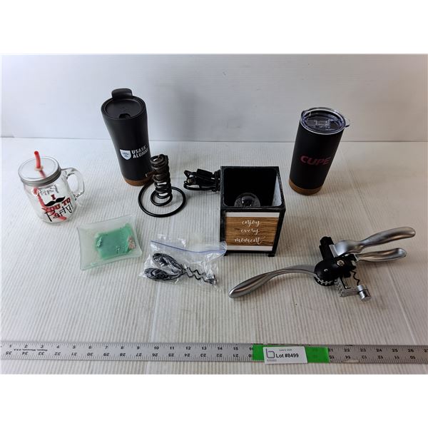 (2) Travel Mugs, Lamp-Powers On, Wine Bottle Opener, Misc.