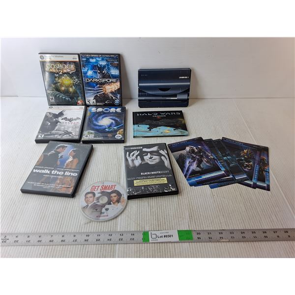 (4) PC Games- Batman, Bioschock, Misc., Halo Wars Comic, (3) DVDs- Get Smart, Misc.