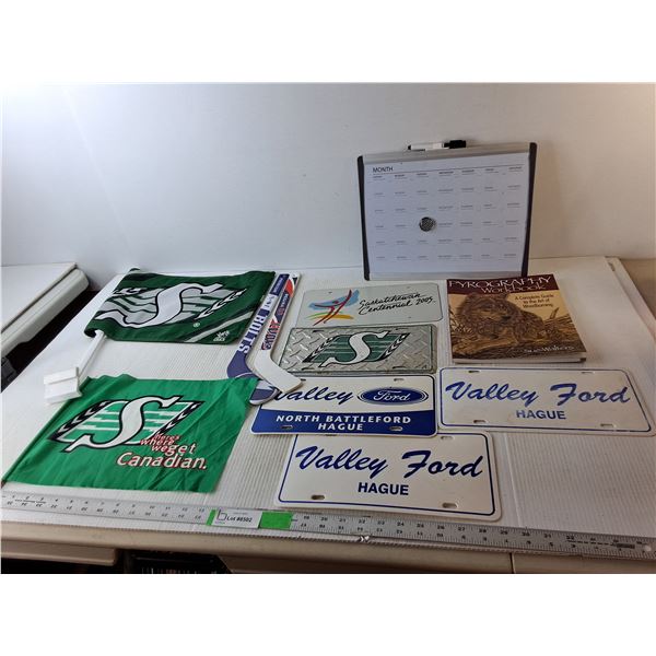 (5) Novelty License Plates, Pyrography Book, (2) Sask. Roughrider Flags, Misc.
