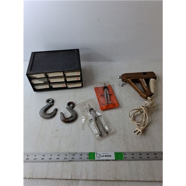 Glue Gun- As Is, Screw Sorter, (2) Protractors,  (2) Metal Hooks