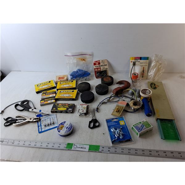 Industrial Staples, (4) Hockey Pucks, Hot Glue Sticks, Misc.