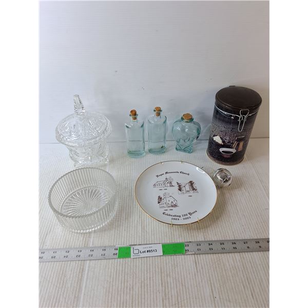 Hague Mennonite Church Plate, (2) Glass Bowls, Coffee Tin, Misc.