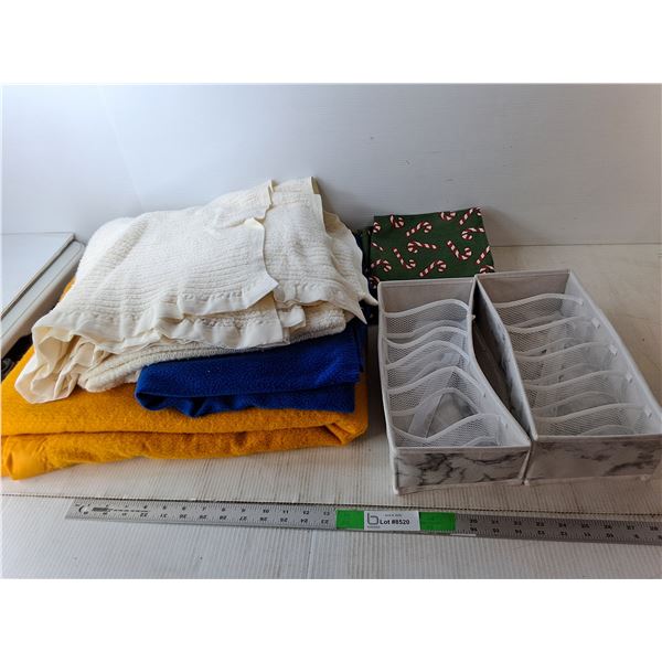 (3) Blankets, (2) Throw Cushion Pillowcases, (2) Fabric Storage Containers