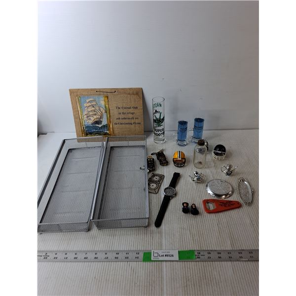 (2) Gel Candles, (2) Metal Trays, Model Helmets, Misc.